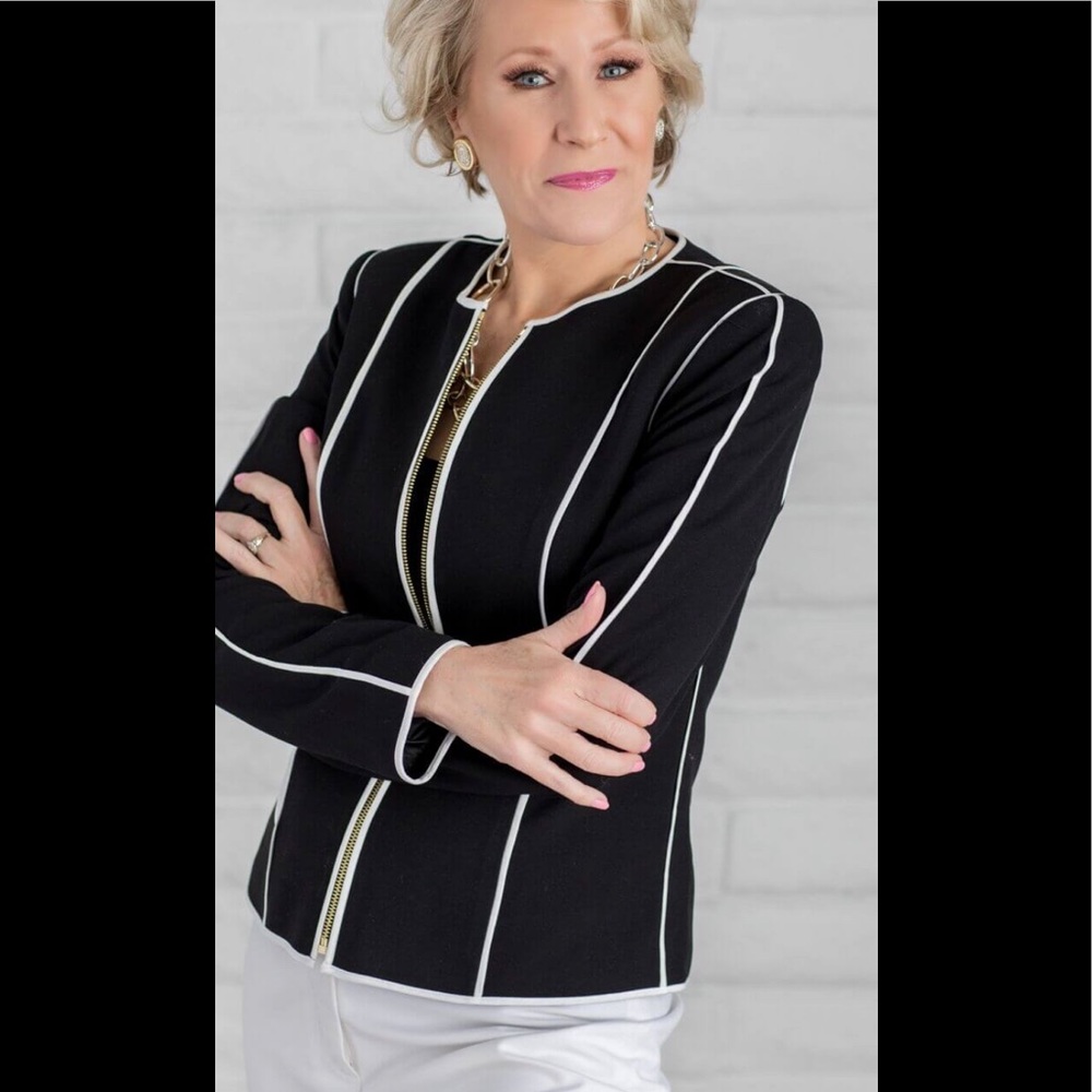 Calvin Klein black blazer with white piping.